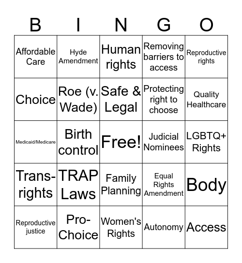 Democratic Debate: Reproductive Justice Bingo Card