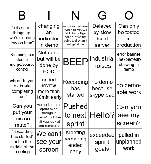 Sprint Review Bingo Card