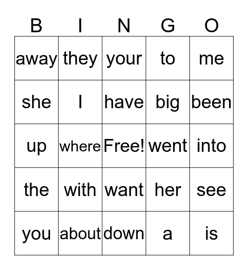 Sight Word Bingo Card