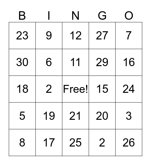 Les numeros 1-30 Bingo Card