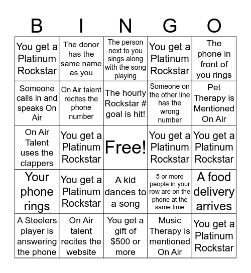 WDVE RADIOTHON PHONE BANK BINGO Card