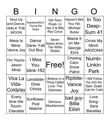 Music Bingo 2000's & 2010's Bingo Card