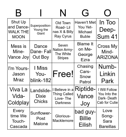 Music Bingo 2000's & 2010's Bingo Card