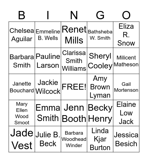 Relief Society Activity Bingo Card