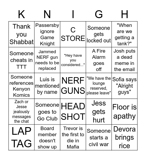 Game Knight Bingo Card