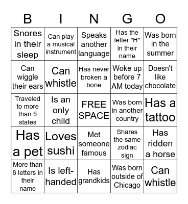 Getting To Know You BINGO Card