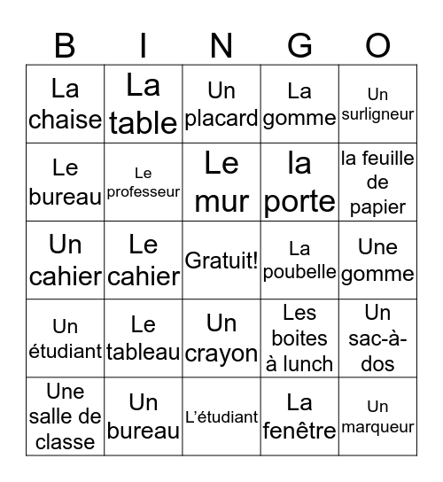 La Salle de Classe Bingo Card