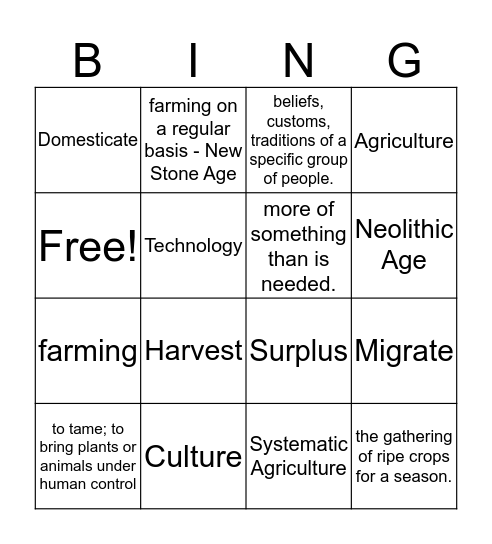 Neolithic Age Bingo Card