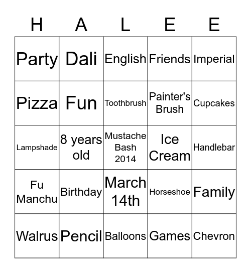 Halee's 8th Birthday Party Bingo Card