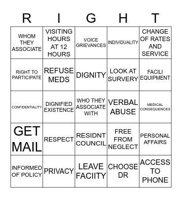 RESIDENTS RIGHTS Bingo Card