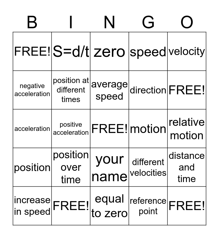 Motion and Forces Bingo Card