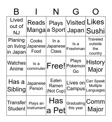 Japanese Culture Club Icebreaker Bingo Card