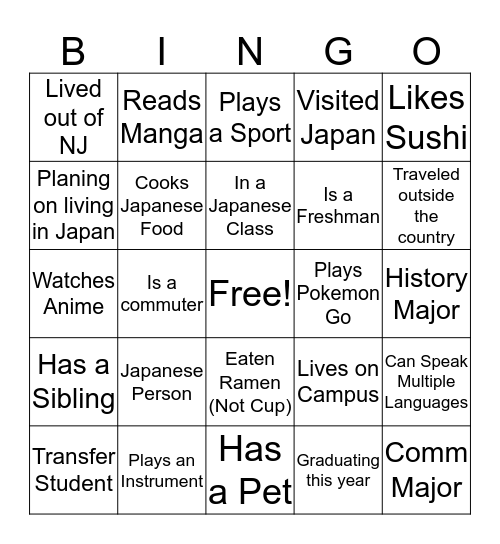 Japanese Culture Club Icebreaker Bingo Card