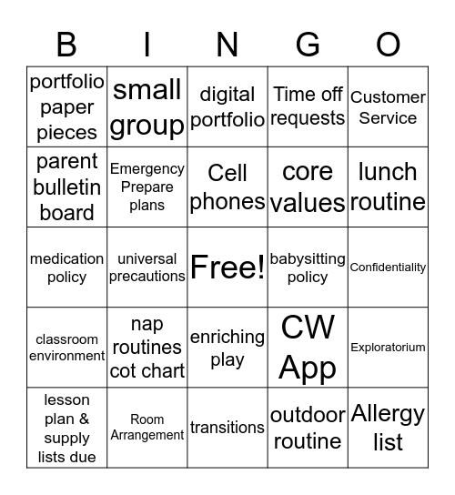 Creative World Employee 101  Bingo Card