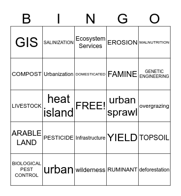 LAND AND FOOD Bingo Card