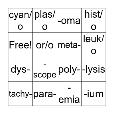 Medical Vocabulary Bingo Card