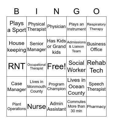 National Rehab Week Bingo Card