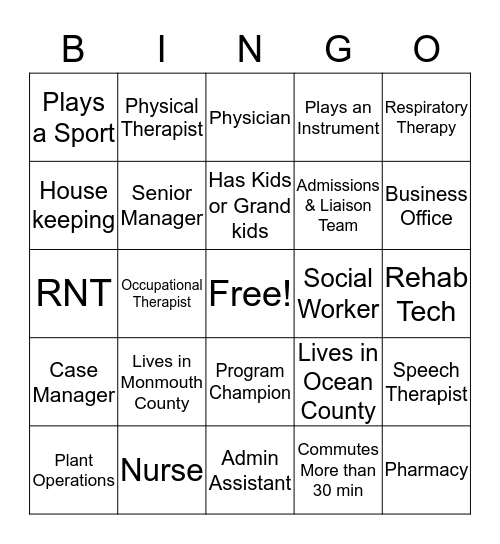 National Rehab Week Bingo Card