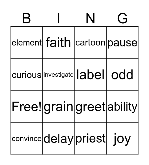 Grade 8 vocabulary Bingo Card