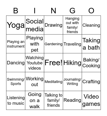 Stress-relieving activities and hobbies Bingo Card