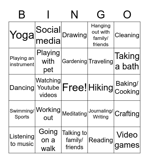 Stress-relieving activities and hobbies Bingo Card