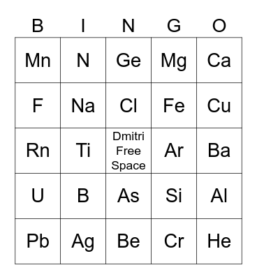 Periodic Table Bingo Card