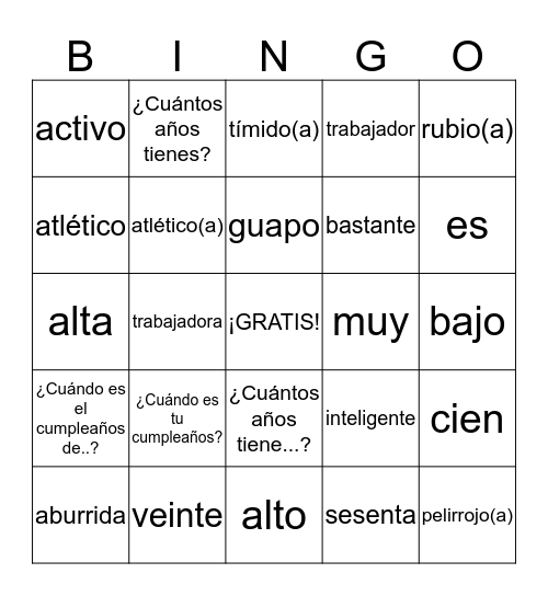 Sp1Ch2 Vocabulario 1 Bingo Card