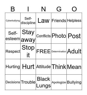 Bullying, Self-esteem, Alcohol Bingo Card