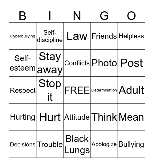 Bullying, Self-esteem, Alcohol Bingo Card