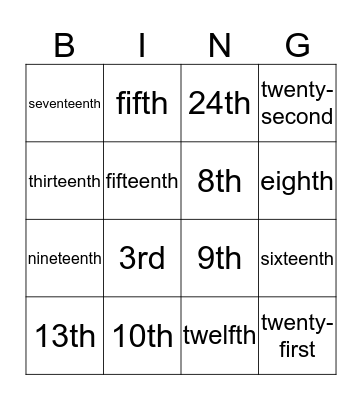 Ordinal Numbers Bingo Card