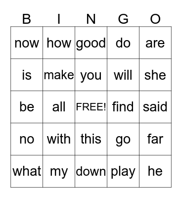 Kindergarten Sight Words Bingo Card