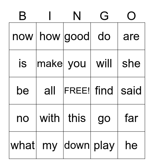 Kindergarten Sight Words Bingo Card