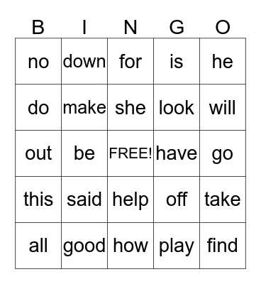 Kindergarten Sight Words 2 Bingo Card