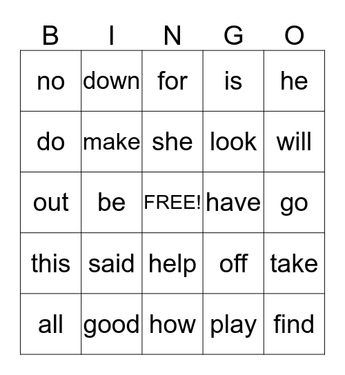 Kindergarten Sight Words 2 Bingo Card