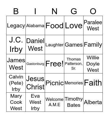 West   Family   Reunion  Bingo Card