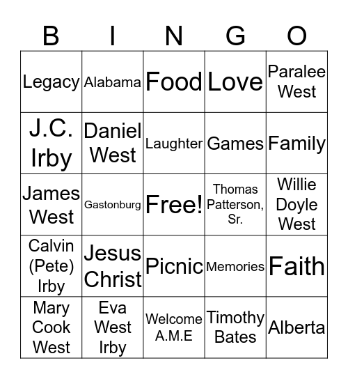 West   Family   Reunion  Bingo Card