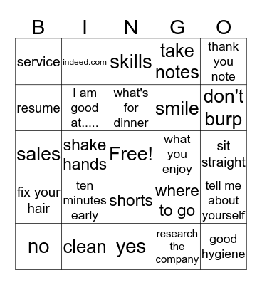 Get a Job Bingo Card