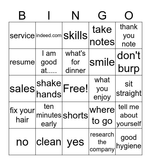 Get a Job Bingo Card