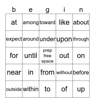 prepositional phrase bingo Card