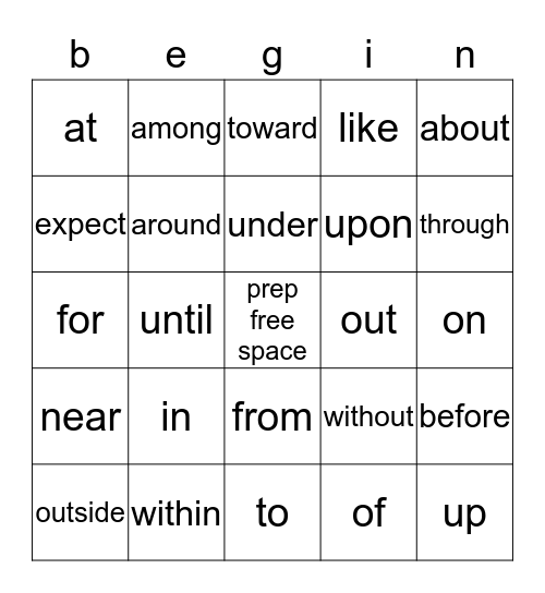 prepositional phrase bingo Card