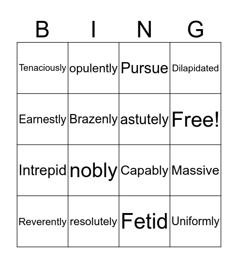 Vocabulary Words Weeks 1-4 Bingo Card