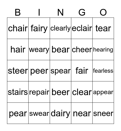 ear - air  sounds Bingo Card