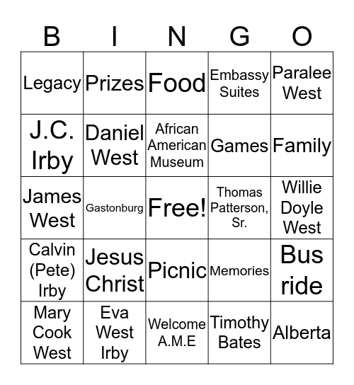 West   Family   Reunion  Bingo Card