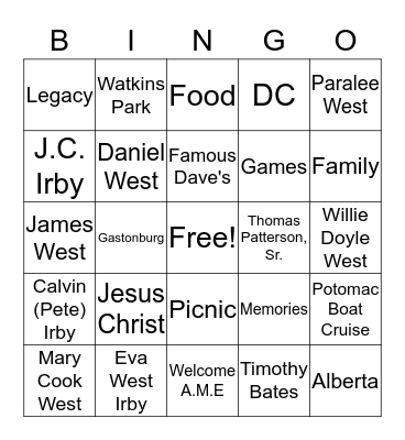 West   Family   Reunion  Bingo Card