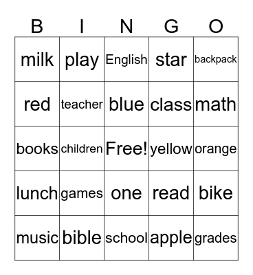 School Bingo Card