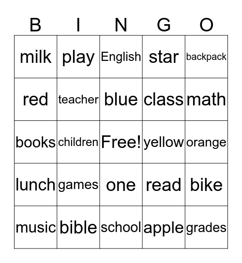 School Bingo Card