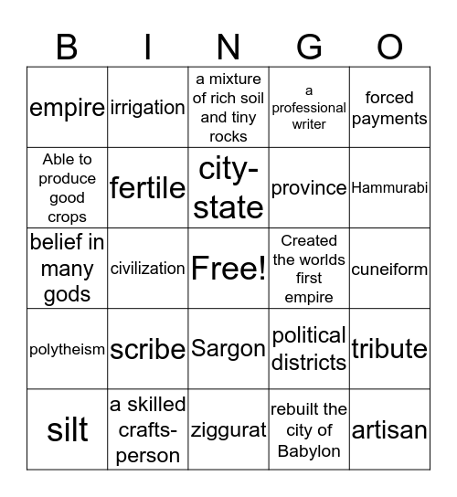 Mesopotamia Bingo Card