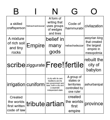 Mesopotmia Bingo Card