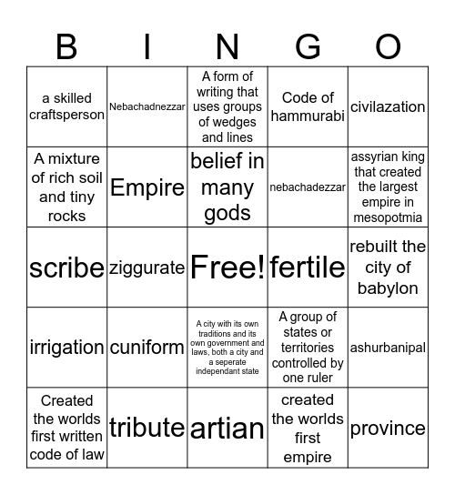 Mesopotmia Bingo Card