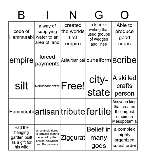 Mesopotamia Bingo Card